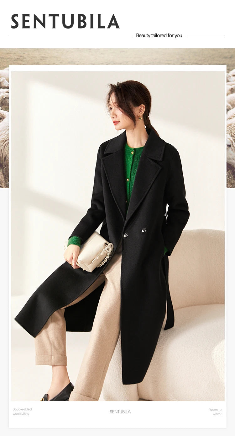 SENTUBILA Women 100% Wool Long Wrap Coat 2025 Elegant Notched Collar Belted Warm Double Faced Woolen Winter Overcoat W24O43352