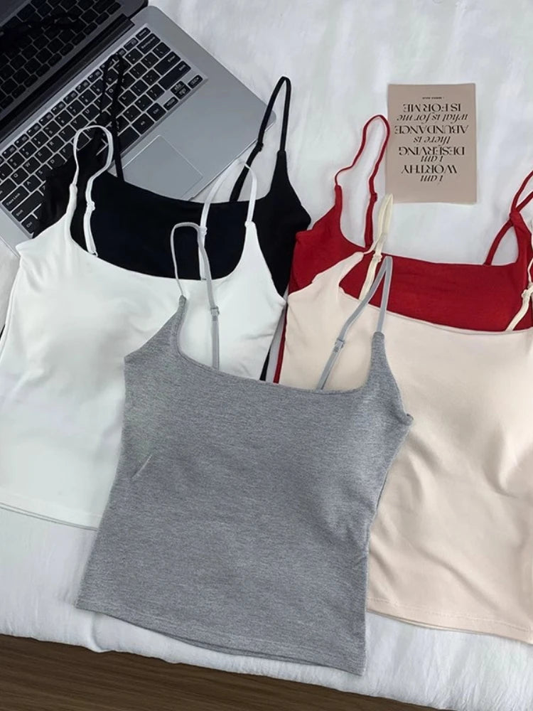 2025 Women With Built In Bra Spaghetti Strap Tanks Summer Camis Tank Casual Tops For Woman Solid Color Female Korean Style