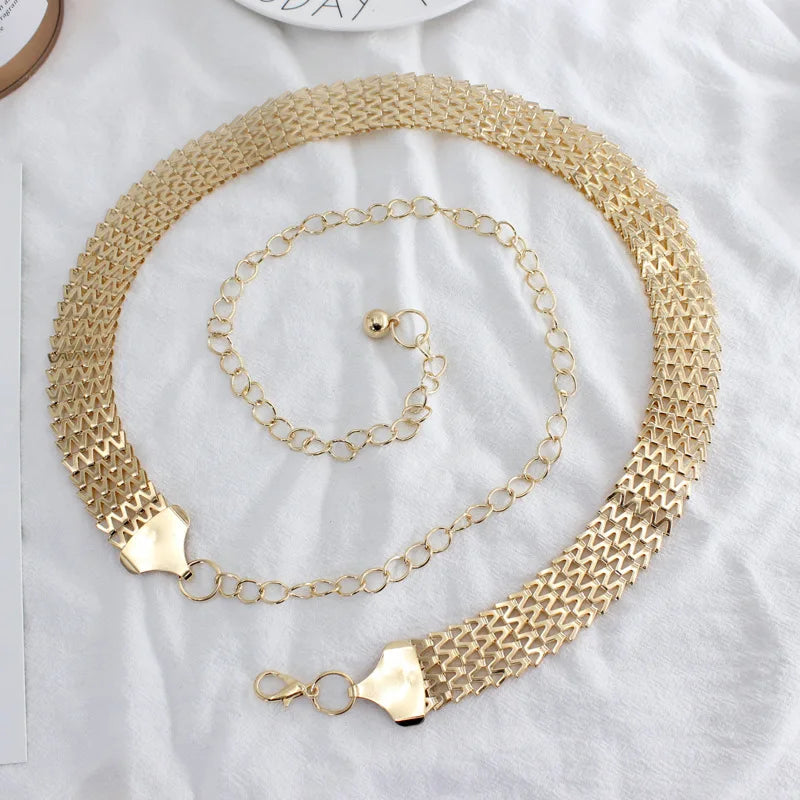 Ladies' Gold Waist Chain Fashion Metal Hook Adjustable Belt for Dress 2 Model Gold Waist Chain Belt