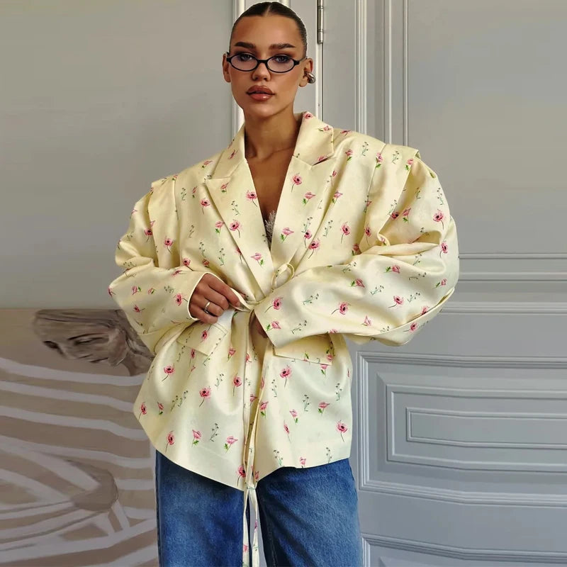 Lace Up Waist Cinched Suit Jacket Coat Blazer Shoulder Pad Strap Commuter Women Mid Length Overcoat Professional Formal Attire