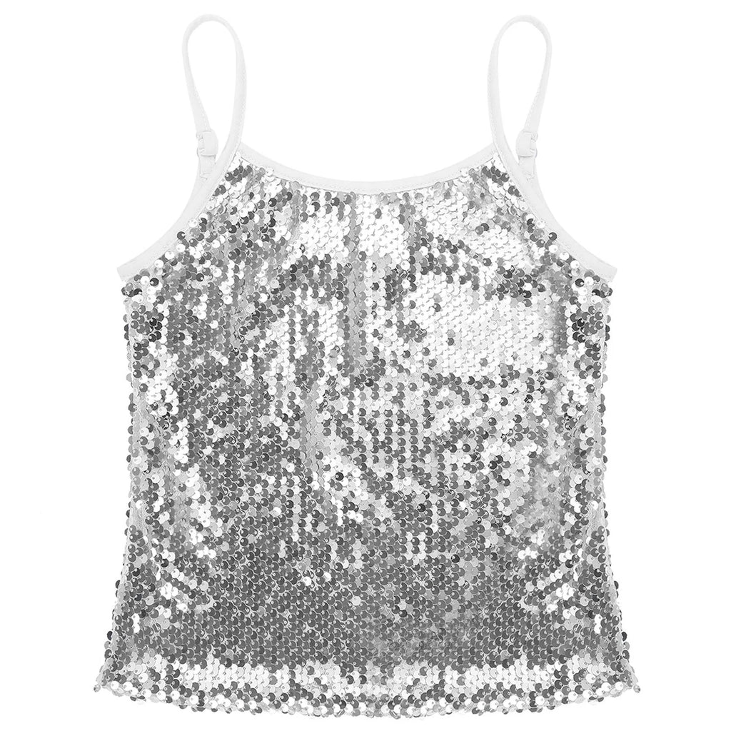 Womens Adjustable Spaghetti Straps Sparkly Sequin Tops Slim Fit Patchwork Tank Top for Pole Dancing Disco Night Out Costume