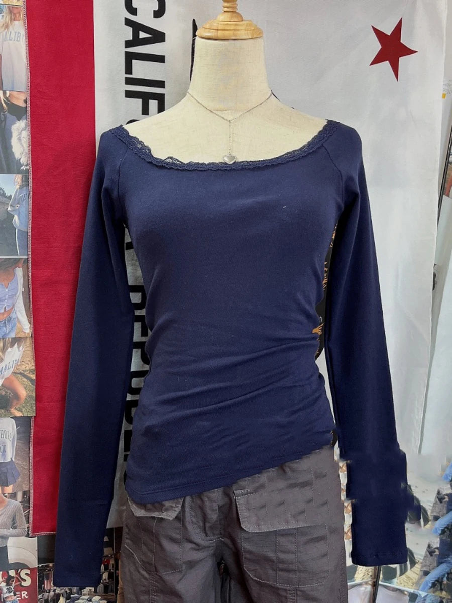 Sweet Lace Patchwork Cotton Long Sleeve Tees Women Casual Scoop Neck Slim Gray Tops Female Streetwear Vintage Y2K Chic T-shirts