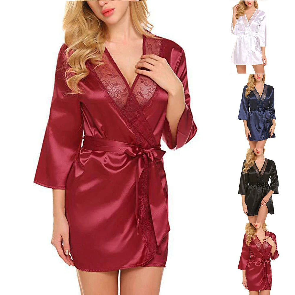 Women Satin Robes Summer Wrap Dressing Gown Bathrobe Nightgown Pajamas V-neck Sexy Oversized Imitation Silk Perspective Robes