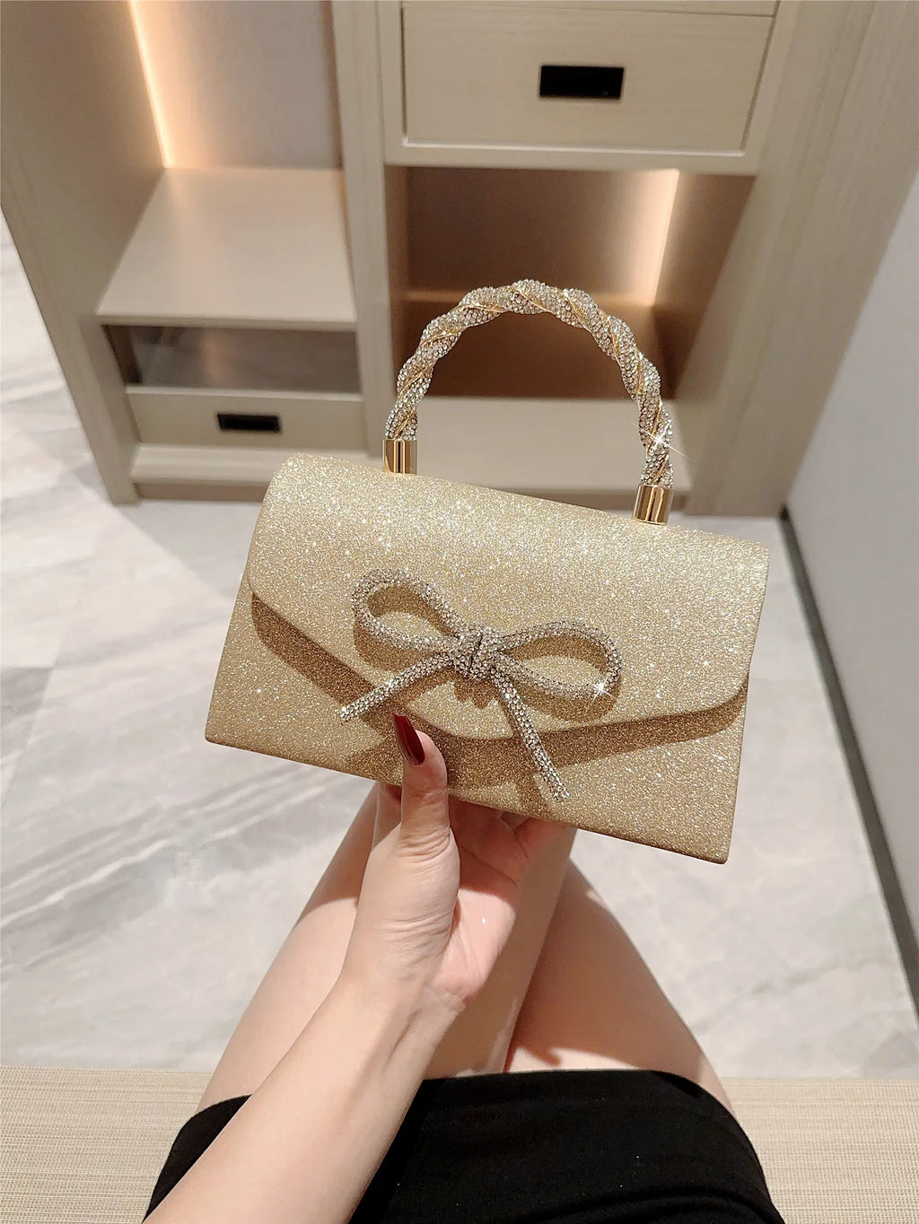 Evening Bag Dress Versatile European and American Clutch Bag Crossbody Celebrity Fashion Diamond Bow Chain Bag