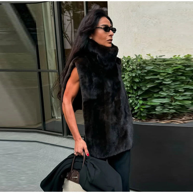Vintage Brown Women's Faux Fur Vest Solid High Collar Sleeveless Thicken Female Waistcoat 2025 Autumn Winter New Lady Streetwear