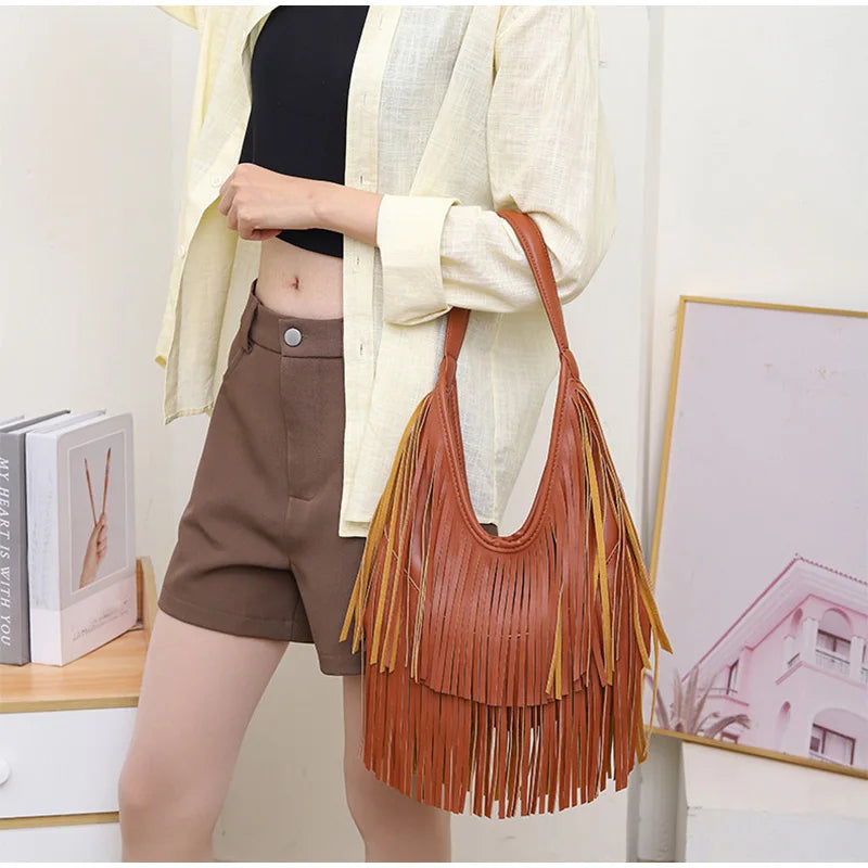 Tassel Large Capacity Brand Tote Bag Black Leather High Quality Luxury Fashion Women Shoulder Bag Soft Casual Hobos Armpit Bag