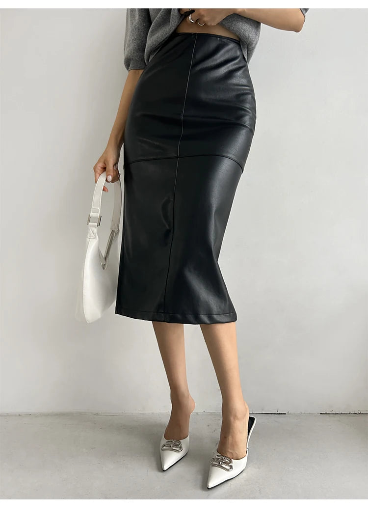 New Fashion Pu Leather Skirt Women Fashion Autumn High Waist Slim Split Wrapped Hip Pencil Skirts Elegant Office Lady Jupe