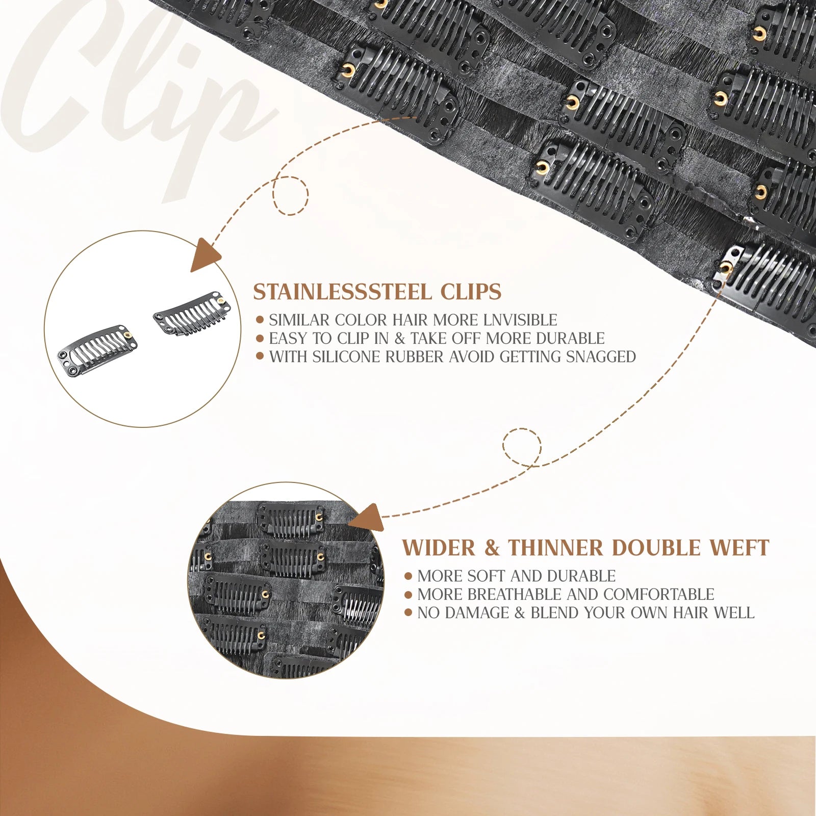 WACUR Yaki And Straight Real Person Clip on Hair 100% Natural Virgin Hair, 110g/6pcs, Invisible Seamless Weft Braided Hair