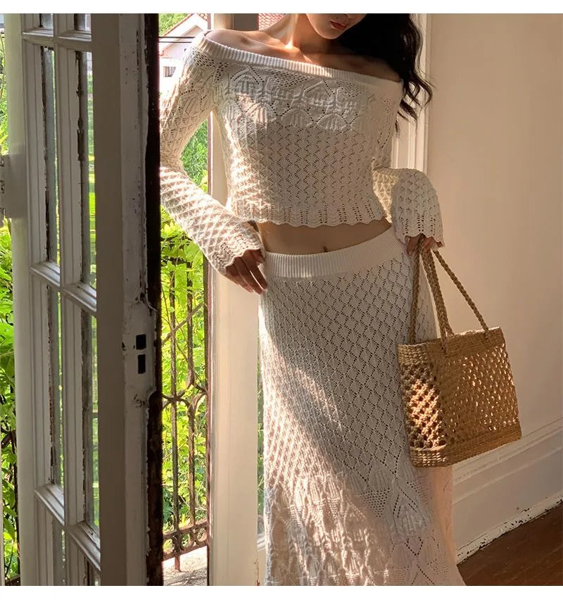 Women's Knitted Sweater Skirt Two-Piece Suit New Sexy Hollow Off-Neck Long Sleeve Sweater Skirt Suit