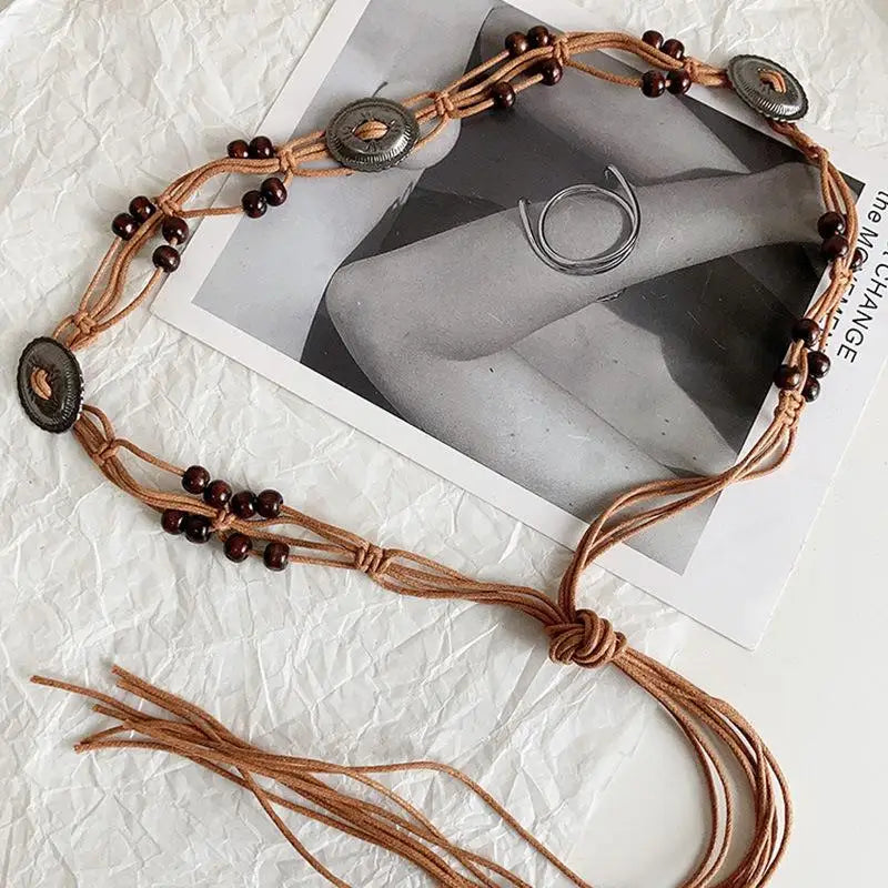 Belts For Women Knot Waistband Summer Boho Shell Bead Dress Jeans Belt Female Beach Accessory Beige Wax Cord