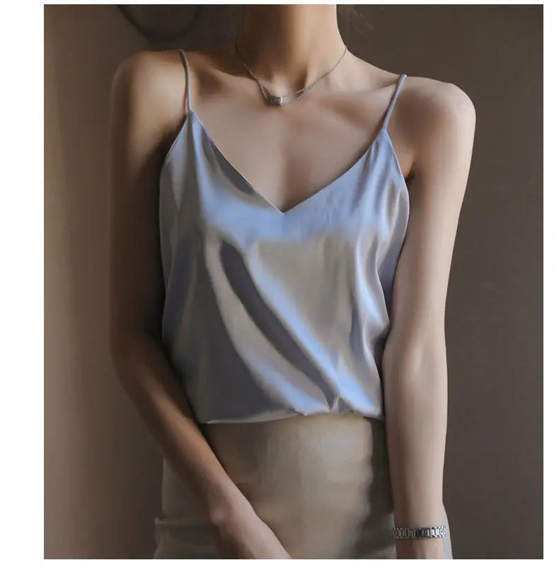 Spaghetti Strap Top Women Halter V Neck Basic White Cami Sleeveless Satin Silk 2025 Tank Tops Women'S Summer Camisole