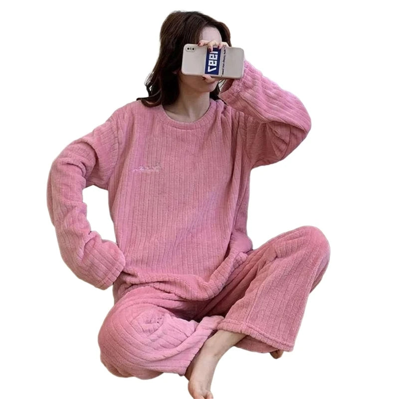 Soft and Comfortable Fleece Pajama Women's Lounge Sets Long Sleeve Sleepwear Loungewear