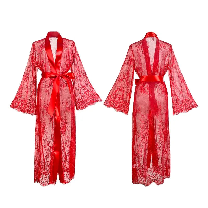 Women's Sheer Lace Robe Sexy See Through Nightgown with Jacquard Lace Floral Trim Satin Lounge Dress for Kimono Robe Home Wear