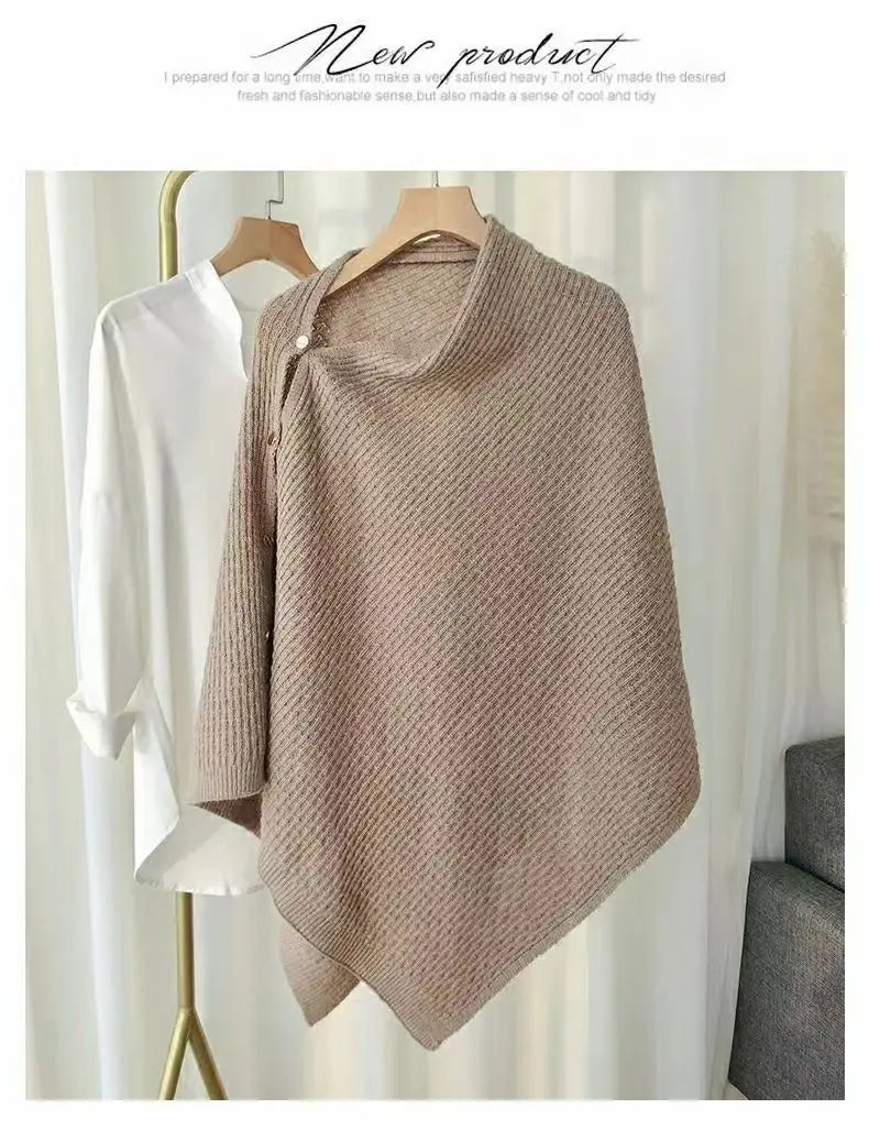 Warm Knitted Plain Color Scarf Thick Single Breasted Wool Shawl Wrap Women Cape Open Side Woven Cardigan Poncho Stole