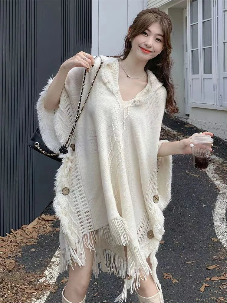 Hooded Crochet Cloak Poncho Shawl - Boho Chic Fringed Knit Wrap for Women, Spring-Autumn Versatile Outerwear
