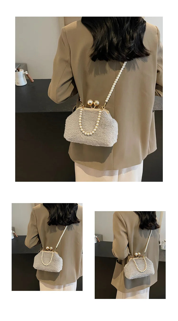 High-end Beaded Fashion Women's Bag Autumn Personality Trendy Evening Bag Plush Handbag Shoulder Crossbody Bag