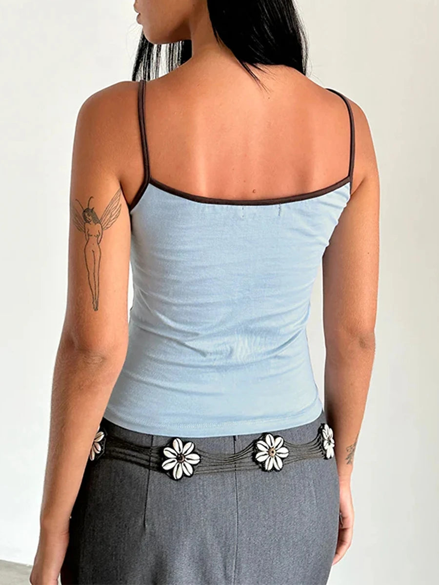 Women Spaghetti Strap Tank Top Scoop Neck Contrast Trim Crop Cami Top Y2K Aesthetic Sleeveless Fitted Basic Tops Streetwear