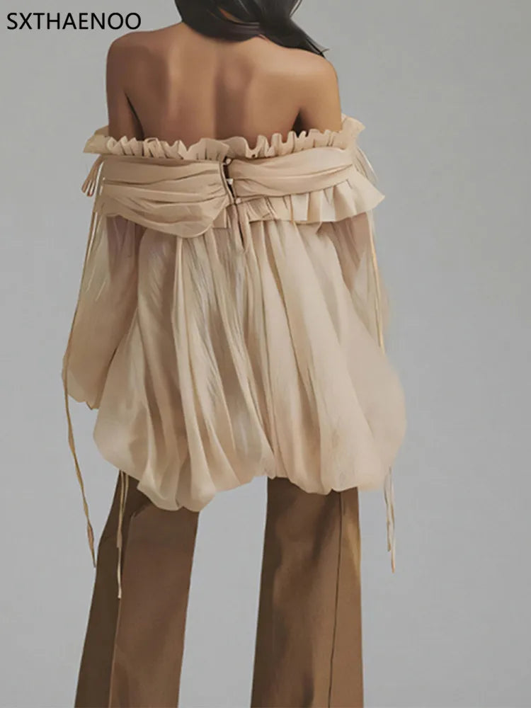 SXTHAENOOLoose Elegant Solid Blouses For Women Slash Neck Off The Shoulder Sleeve Spliced Folds Temperament Blouse FemaleFashion