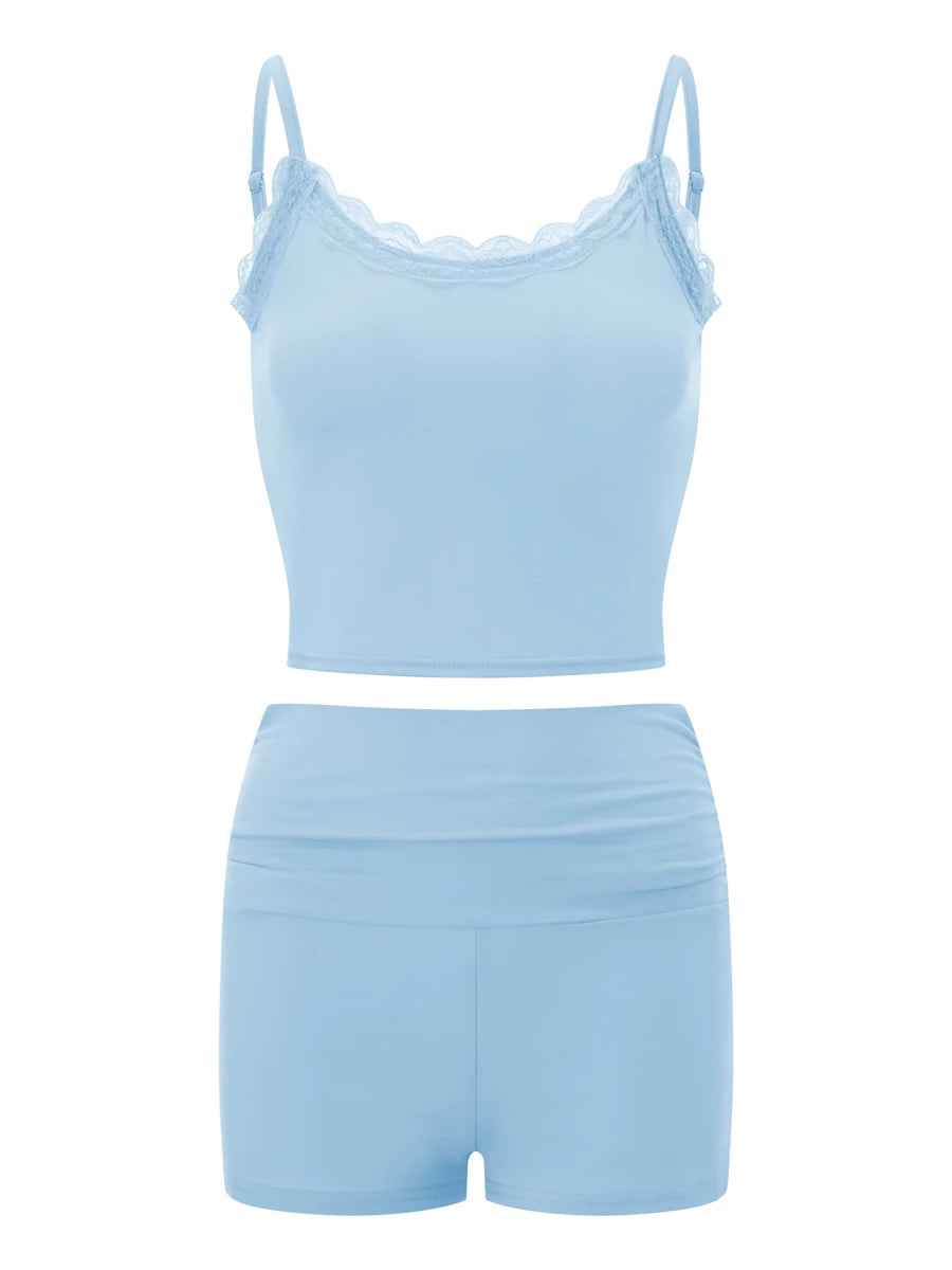 Women Sexy 2 Piece Pajama Set Sleeveless Lace Trim Crop Cami Top and Shorts Pj Set Y2K Sleepwear Lounge Outfits