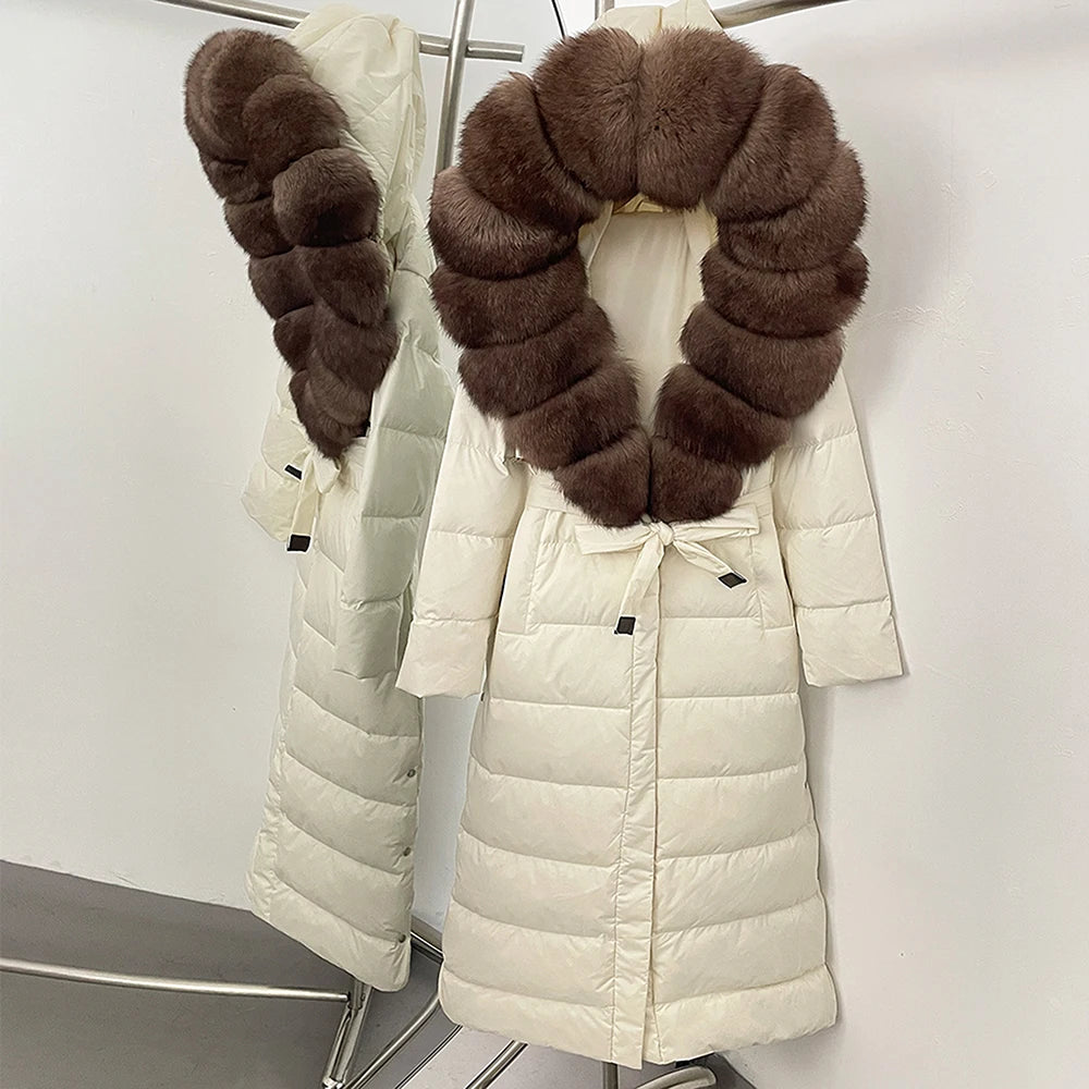 OFTBUY Large Real Fox Fur Collar X-Long Puffer Jacket Women Hooded Winter White Duck Down Coat Thick Female Parkas With Belt