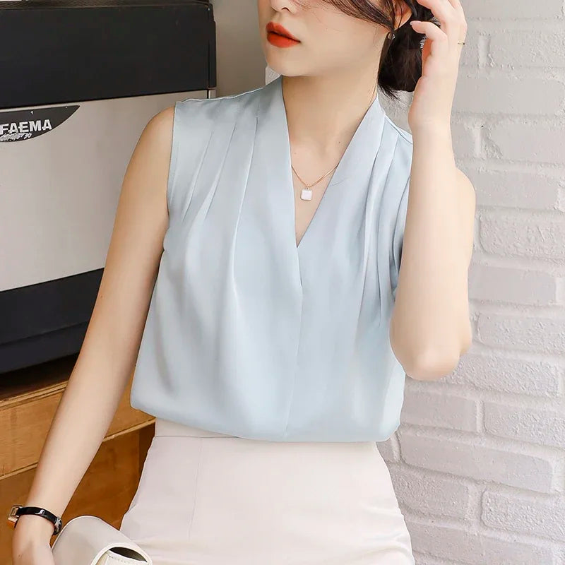 2025 New Summer Satin Tank Top Women's Blouses Sleeveless Solid Cross V-neck Casual Korean Elegant Vest Shirts for Womens