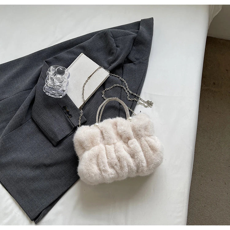 Soft Plush Evening Bags For Elegant Women Fur Dinner Party Clutch Chain Crossbody Winter Warm Luxury Designer Handbags