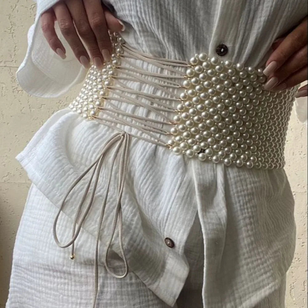 Bead  Pearl Belt For Office Lady Elegant Waist Chains White Female Outfitting Beaded Belt