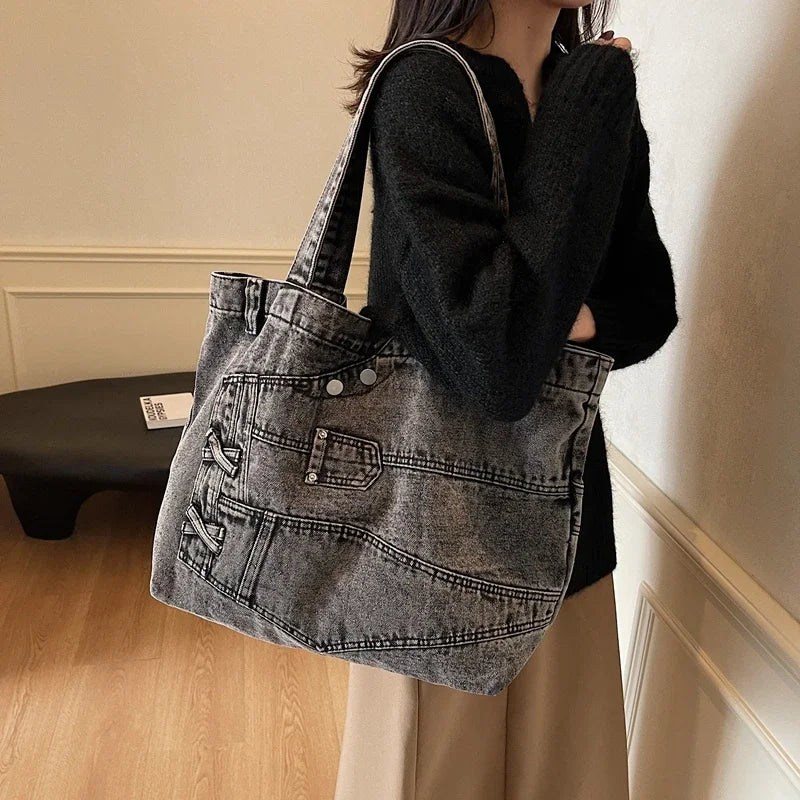 2025 Spring New Hot Sale Denim Tote Bags Solid Large Capacity Personality Retro Durable Commute Style Shoulder Bags for Women