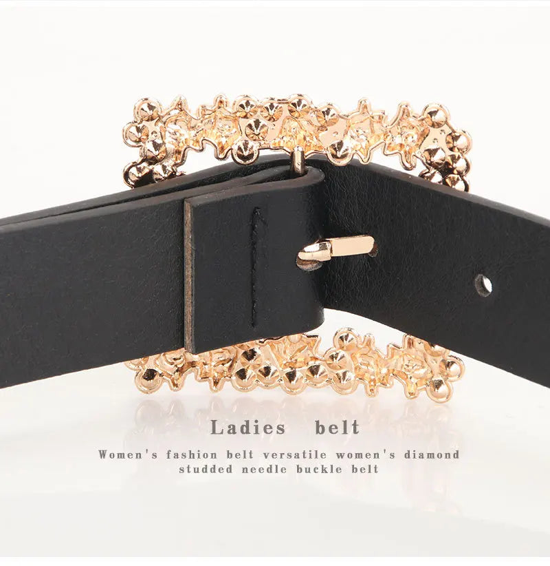 Fashionable Belts for Woman Shiny Rhinestone Beautiful Square Wreath Metal Buckle Solid Color PU Belts