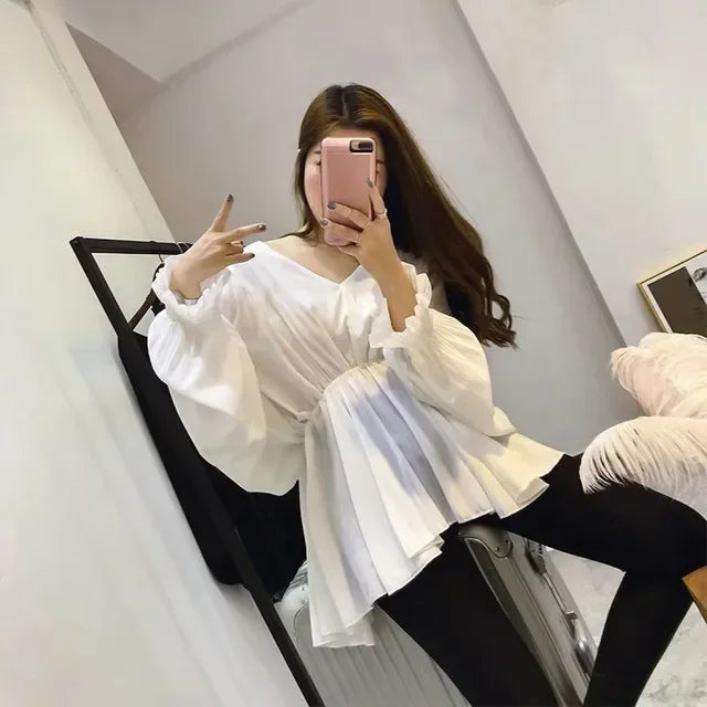 Blouse For Women Oversized Tops Long Sleeve V-neck Chiffon Slim Waist Shirts 2025 Blusas Mujer De Moda Folds Chic Summer Blouses