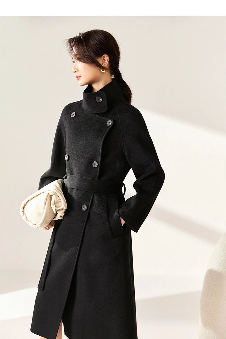 SENTUBILA Women's Long Woolen Overcoats 2025 Winter Outerwear Elegant Turtleneck Warm Double Breasted Belt Wrap Coat W24O42064
