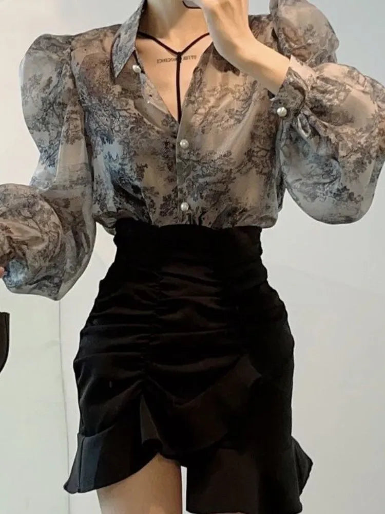 2023 Blusas Mujer De Moda Floral Sweet Blouses for Women Loose Puff Sleeve Turn Down Collar Shirts Summer Vintage Elegant Tops