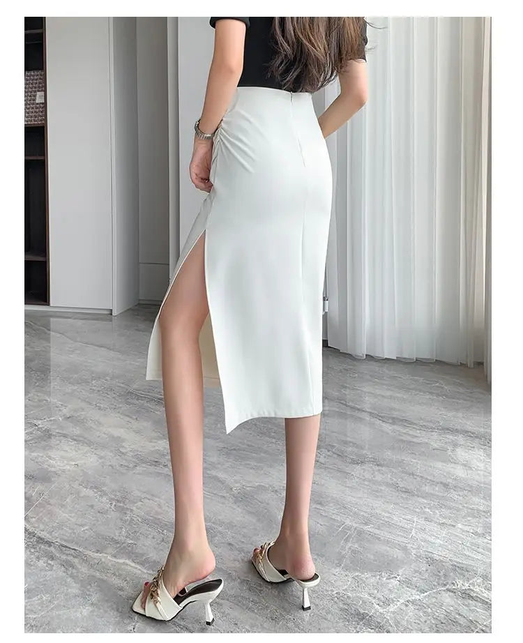 Slit Pleated Skirt for Women 2025 Summer New High-waist Slim Mid-length Versatile A-line Skirt