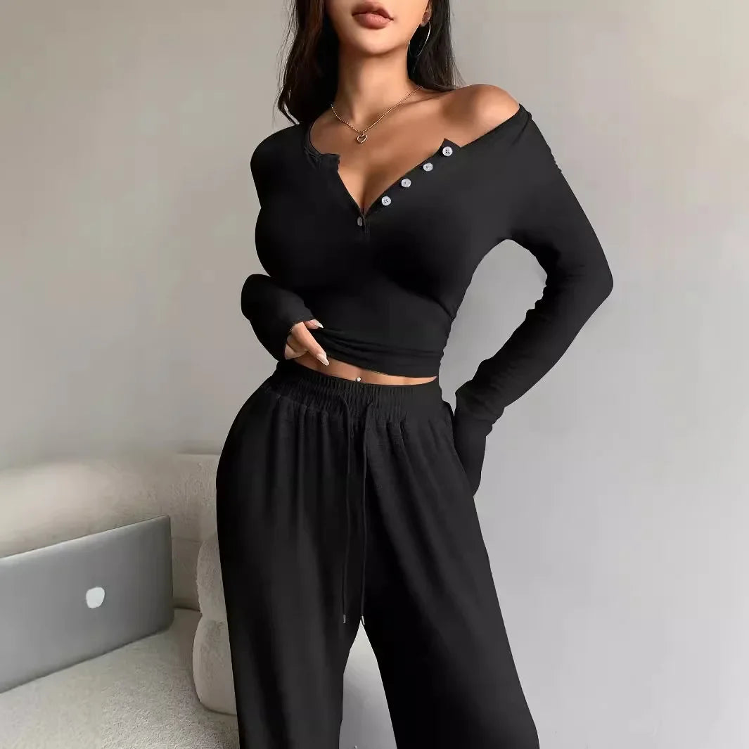 Two Piece Sets Women Pants Set Tracksuit Full Sleeve Sheath V Neck Tops Lace Up Elastic Waist Wide Leg Long Pants Casual Loose