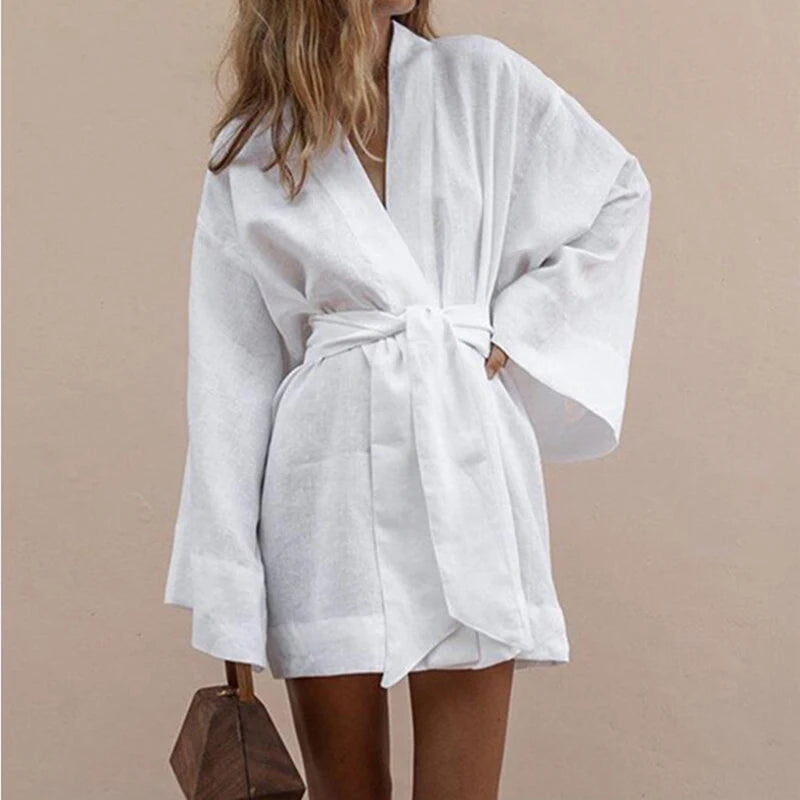 Women's Elegant Solid Robe Long Sleeve Front Belt Breathable Fabric For Casual And Formal Occasions Bathrobe Simple Style Kimono