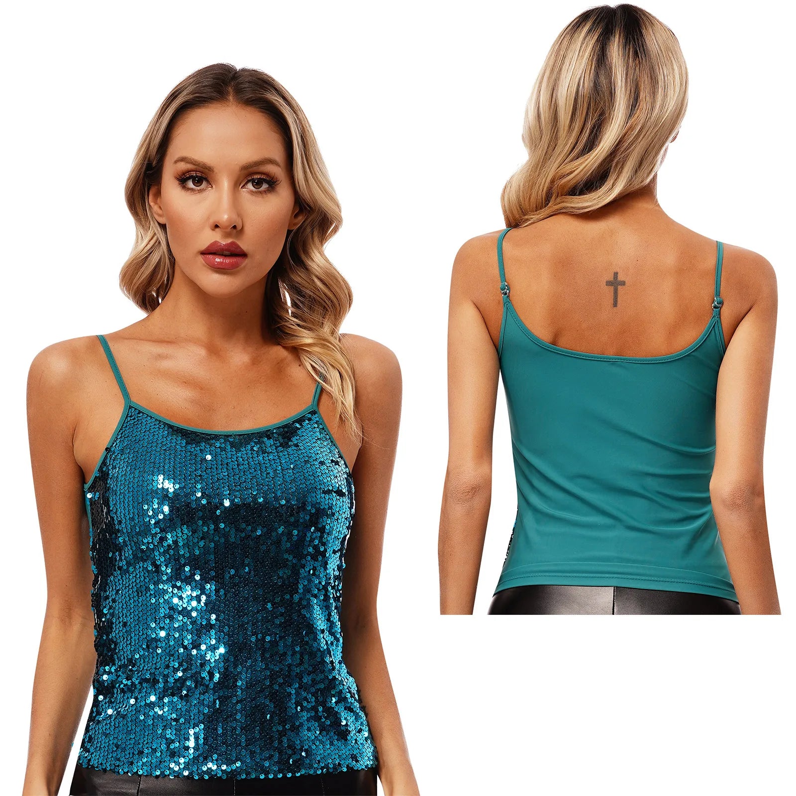 Womens Adjustable Spaghetti Straps Sparkly Sequin Tops Slim Fit Patchwork Tank Top for Pole Dancing Disco Night Out Costume
