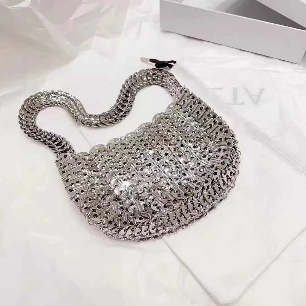 Bling Shiny Metal Sequined Dumpling Bag Woven Handmade Women Handbag Fashion Evening Bag Wedding Party Clutch Purse Shoulder Bag