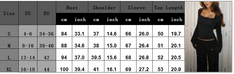 Women's Spring Lace Trim Tee Shirt Blouses Fashion Long Sleeve Square Neck Slim Trendy Party T-shirt Y2K Streetwear