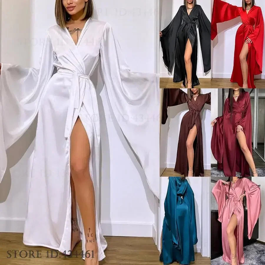 Fashion Elegant Women Long Robe Home Dress Sexy Ice Silk Kimono Bathrobe Gown Spring Summer Nightgown Loungewear Loose Homewear