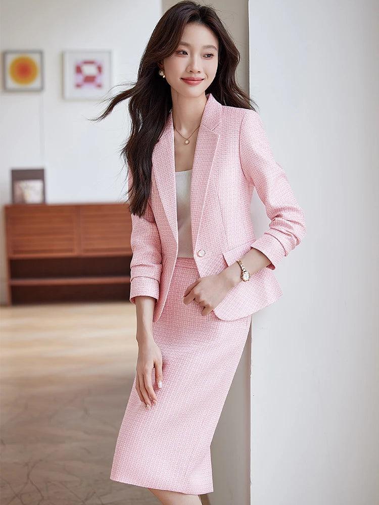 Fashion Women Formal Blazer Skirt Suit Ladies Apricot Pink Blue Female Two Piece Set For Spring Autumn Winter
