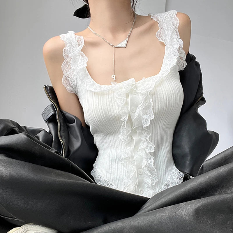 Sexy All-match Simple Lace Stitching Chic Tank Tops For Women Girls Fashion Sweet Casual Slim Fit Short Sleeveless Tank Tops