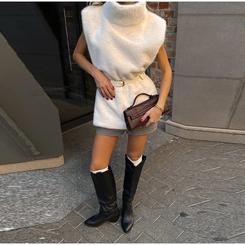 Vintage Brown Women's Faux Fur Vest Solid High Collar Sleeveless Thicken Female Waistcoat 2025 Autumn Winter New Lady Streetwear