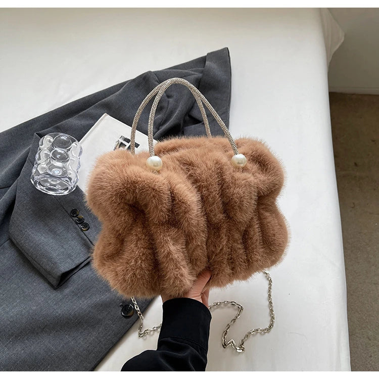 Soft Plush Evening Bags For Elegant Women Fur Dinner Party Clutch Chain Crossbody Winter Warm Luxury Designer Handbags