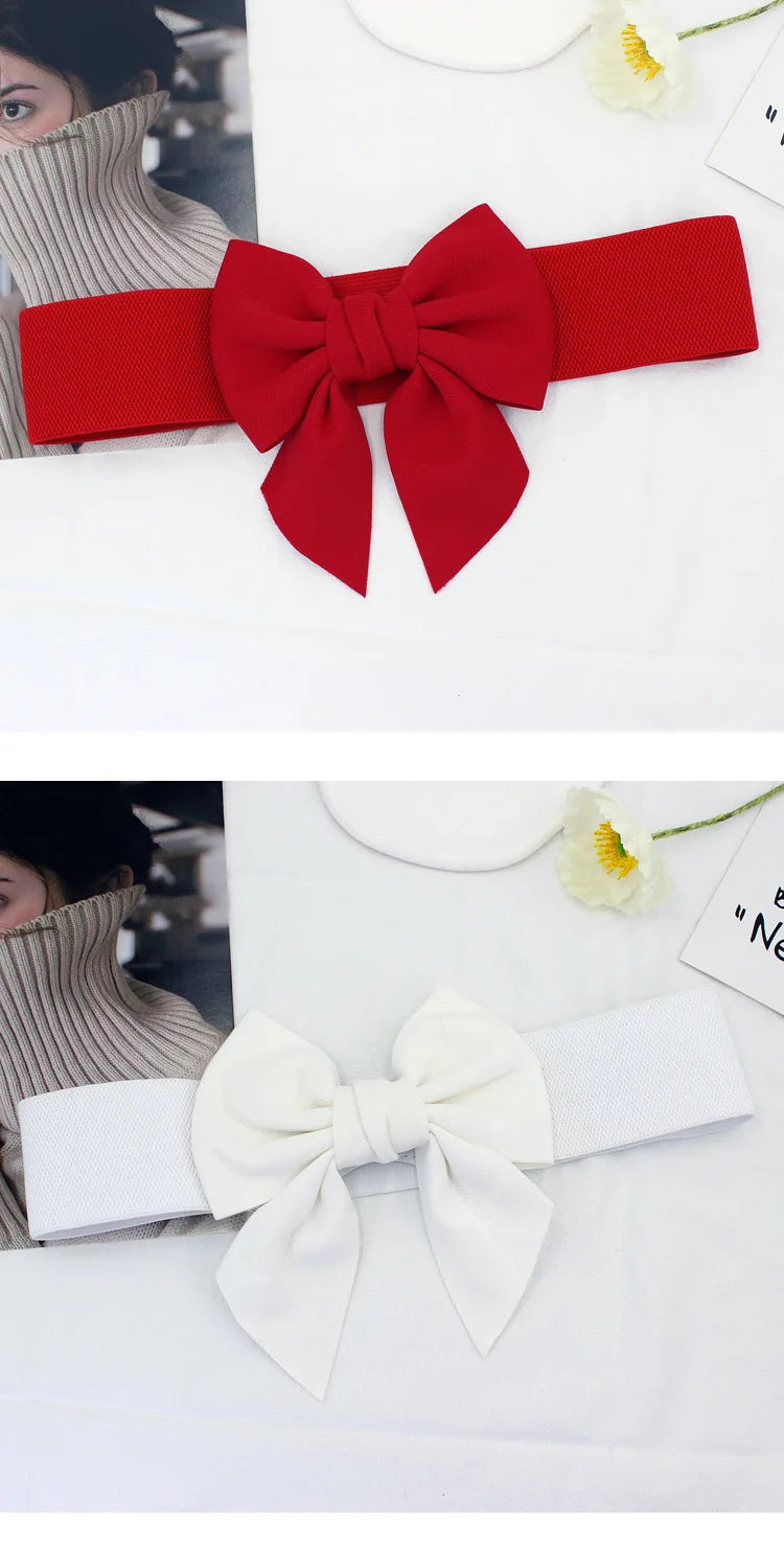 New Fashion Elegant Large Bow Elastic Belts for Women Wide Side Belt Dress Female Jeans Waistband Trouser Accessory