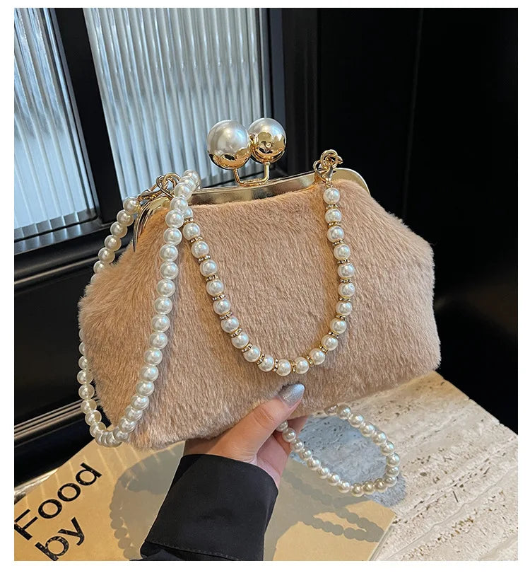 High-end Beaded Fashion Women's Bag Autumn Personality Trendy Evening Bag Plush Handbag Shoulder Crossbody Bag